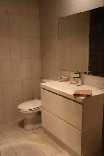 La salle de bains est pourvue de toilettes et d'un lavabo avec miroir. dans l'établissement Bright Chalet, à Bright