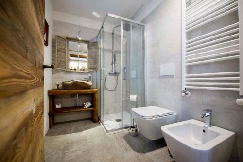 a bathroom with a shower and a toilet and a sink at Le Relais du Boucher in Gaby