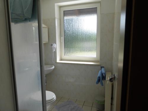 a bathroom with a toilet and a window at Hotel Gasthof Turm in Grünhaid