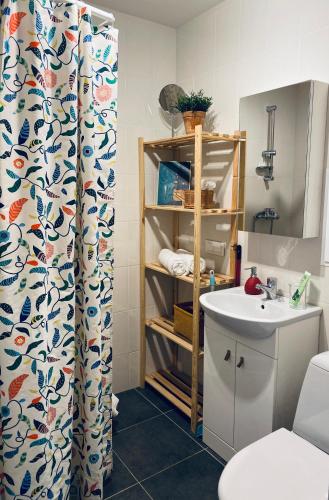 a bathroom with a sink and a shower curtain at Ramybės apartamentai in Anykščiai