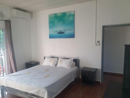 a bedroom with a bed with a picture on the wall at T3 haut standing avec accès & parking privé in Bandraboua