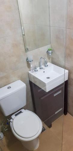 a bathroom with a white toilet and a sink at Apart del Centro 01 cochera opcional in Santa Fe