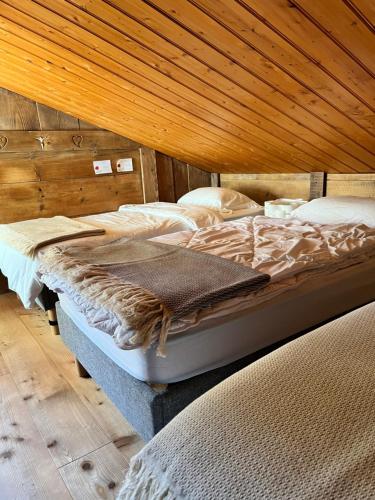 deux lits dans une chambre avec un plafond en bois dans l'établissement Chalet massif du Mont Blanc St Gervais Megeve, à Saint-Gervais-les-Bains