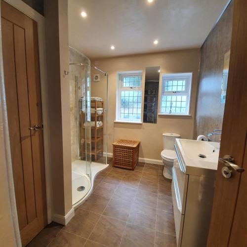a bathroom with a shower and a toilet and a sink at Wood Rising in Newark-on-Trent
