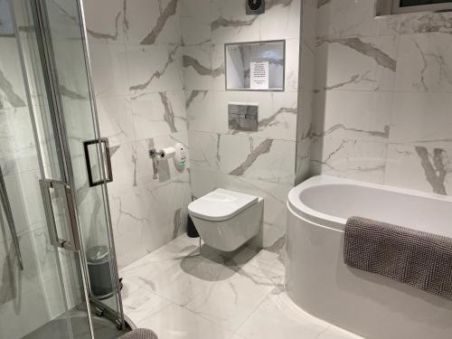 a bathroom with a shower and a toilet and a tub at Ocean Hideaway @ Portmore Bay in Portstewart