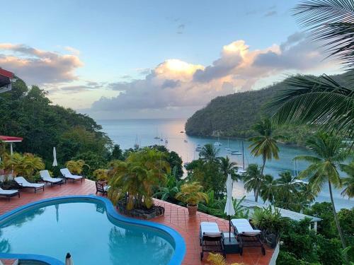 a resort swimming pool with a view of the ocean at Marigot Palms Luxury Caribbean Apartment Suites in Marigot Bay