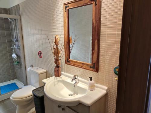 y baño con lavabo, espejo y aseo. en Roses Villa, en Trimiklini