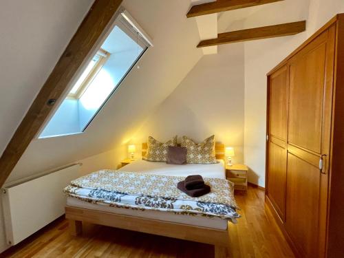 a bedroom with a bed and a skylight at Historický dům u lázní in Třeboň