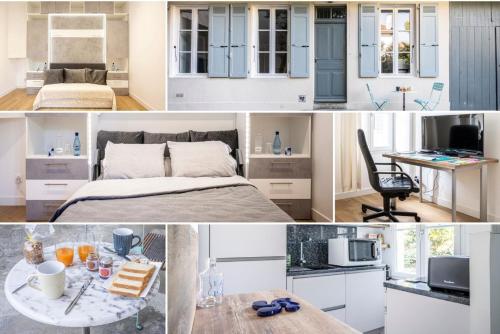 a collage of photos of a bedroom and a kitchen at Studio cosy Hounau - Garage privatif in Pau