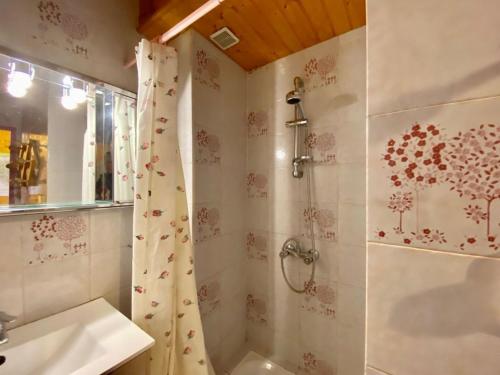 La salle de bains est pourvue d'une douche et d'un lavabo. dans l'établissement Charmant T3 "les Cerdans", à Porté-Puymorens