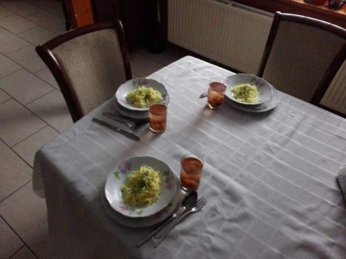 a table with two plates of food on it at Na Pograniczu domek w górach in Lasowka