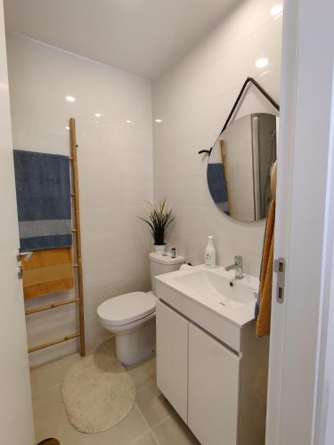a bathroom with a toilet and a sink and a mirror at Cais de Gaia Historic Loft in Vila Nova de Gaia