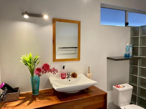 ボラボラにあるLokai houseのバスルーム(洗面台、鏡、トイレ付)