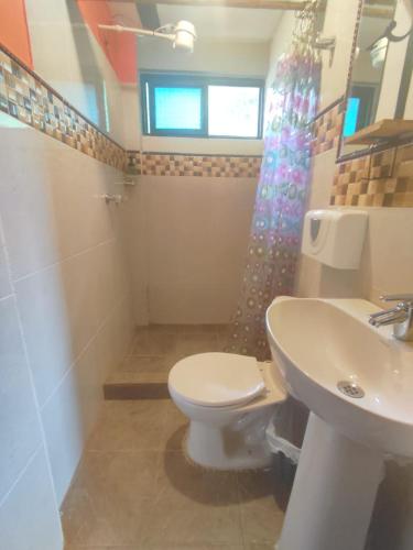 a bathroom with a toilet and a sink at Green Hostal Popayan in Popayan