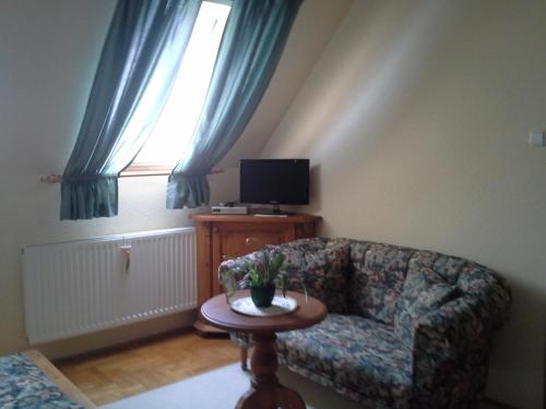 a living room with a couch and a tv and a table at Ágneslaki Ökoturisztikai Centrum és Vadászház in Nagykanizsa