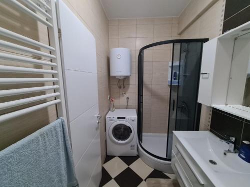 ein Badezimmer mit einer Waschmaschine und einem Waschbecken in der Unterkunft Apartman Tea in Kupres