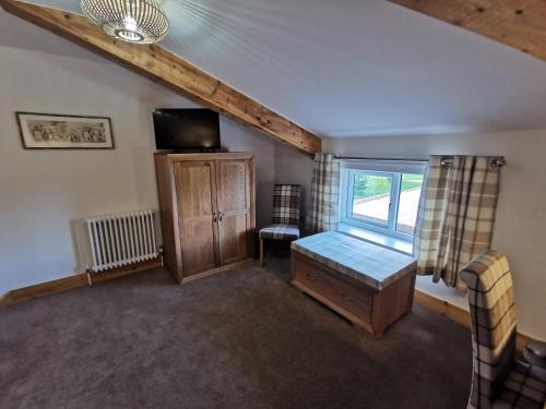 a living room with a tv and a cabinet and a window at The Trotting Mare Holiday Lets - Adults Only in Wrexham