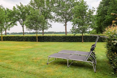 a chair sitting in the grass in a yard at Vakantiehuis Bij Vermeer in Een