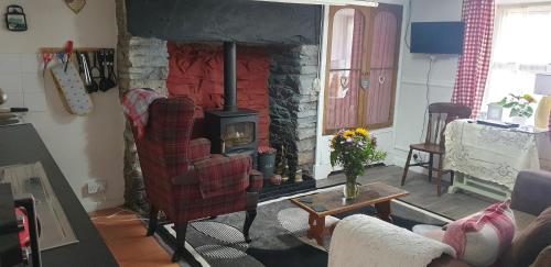 a living room with a fireplace with a couch and a chair at Pet friendly two bedroom cosy cottage in Tanygrisiau