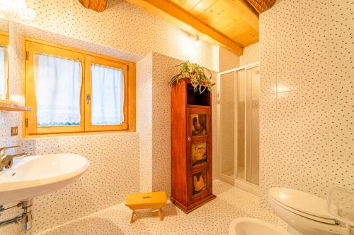 een badkamer met een wastafel, een toilet en een raam bij Chalet Sottoguda in Rocca Pietore