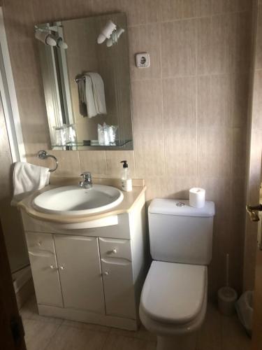 bagno con lavandino, servizi igienici e specchio di Hostal De La Rosa a Valdemoro
