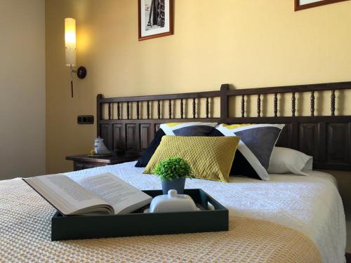 a bed with a book and a plant on it at Hotel Rural El Vedal in Muelas del Pan