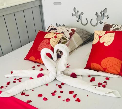 a bed with red hearts and a swan on it at Agréable studio face à la plage :) in Le Moule