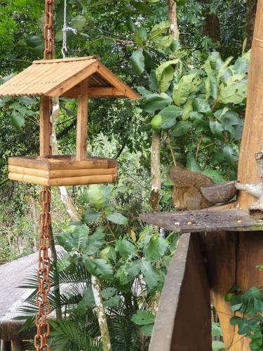 a bird feeder with a squirrel sitting on a swing at Chales Bamboo Jungle in Petrópolis