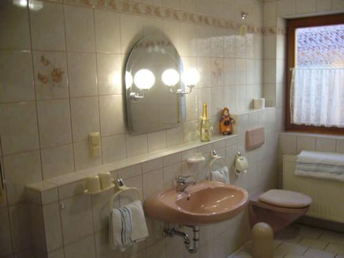 a bathroom with a sink and a toilet and a mirror at Pension Höchemer in Bad Bocklet