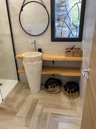 a bathroom with a sink and a mirror at Chjama di mare in Santa-Maria-di-Lota