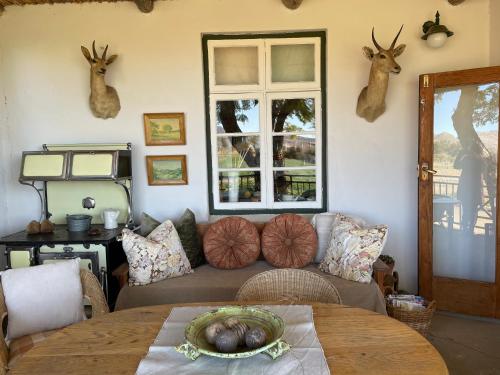 a living room with a couch and deer heads on the wall at Laasteskof - The end of the road in Prince Albert