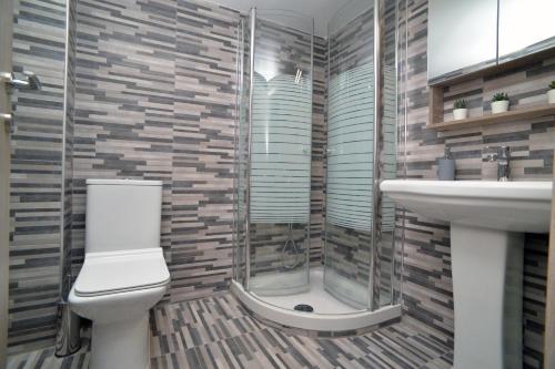La salle de bains est pourvue de toilettes, d'une douche et d'un lavabo. dans l'établissement luxury apartment st Demetrios downtown, à Thessalonique