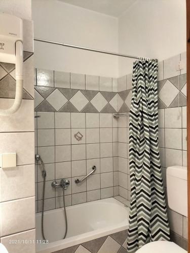 カランバカにあるSpanias Hotelのシャワーカーテン付きのシャワー付きバスルーム