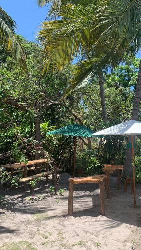 a picnic table and an umbrella on the beach at Pousadinha da Lulu - Pontal Mangue Seco in Indiaroba