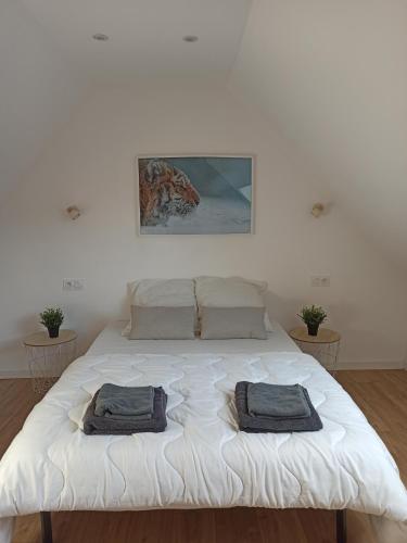 a white bed with two towels on top of it at A 4 min du Zoo de Beauval La Maison à Partager Ch4 2ème étage in Saint-Aignan