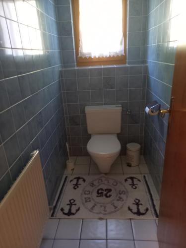 a blue tiled bathroom with a toilet and a window at Haus Panorama in Umhausen