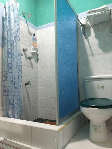 a bathroom with a toilet and a shower at Casa Roja Áabilo'ob in Progreso