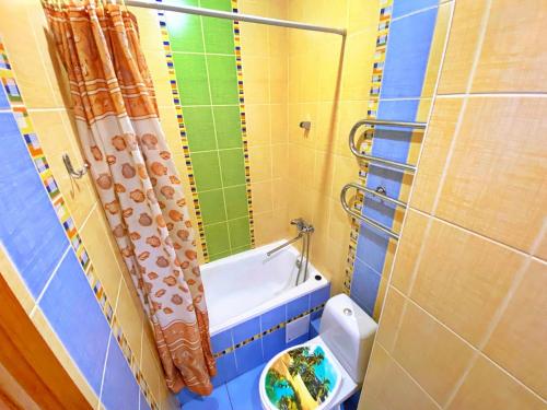 a small bathroom with a toilet and a shower at Baikal Apartments at Vzletka - Krasnoyarsk in Krasnoyarsk