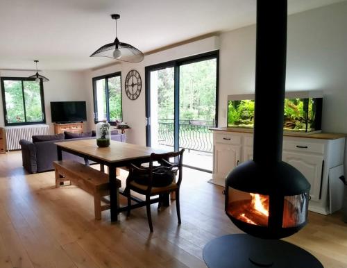 una sala de estar con chimenea en el centro de una habitación en Les jardins de l'Hermitage en Cellettes