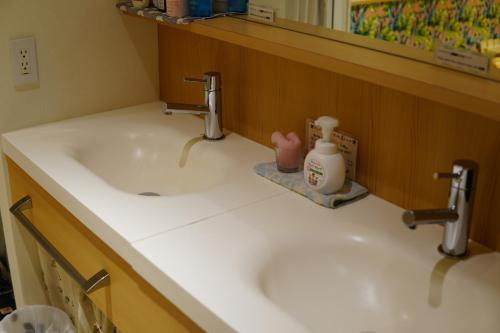 a bathroom sink with two faucets and a mirror at Guesthouse COCO Hiroshima (Female Only) in Hiroshima