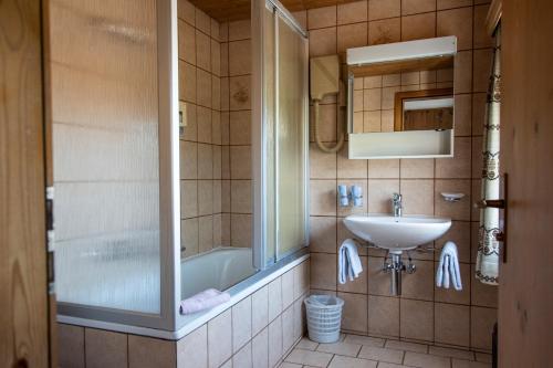 ein Badezimmer mit einem Waschbecken, einer Badewanne und einem WC in der Unterkunft Alpina B&B Apartments in Sta Maria Val Müstair