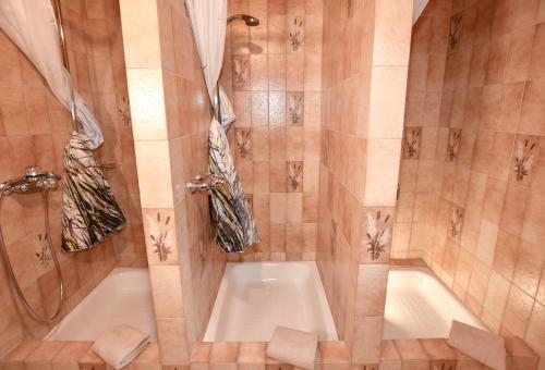 W łazience znajduje się prysznic i wanna. w obiekcie Gasthof Finkenhof w mieście Wald im Pinzgau