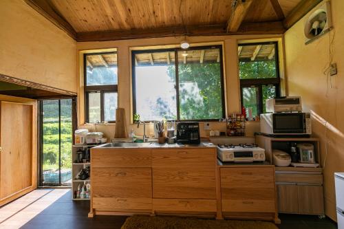 cocina con encimera con fregadero y ventanas en Kizuna Guesthouse 