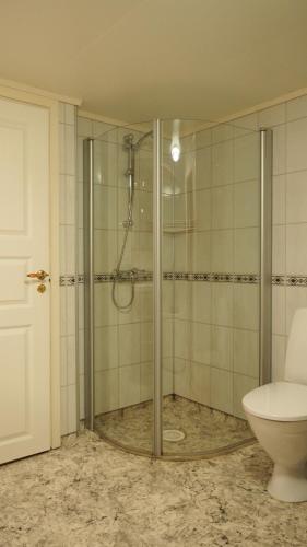 uma casa de banho com um chuveiro e um WC. em Klævold utleigehus em Klevoll