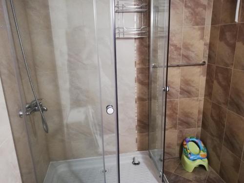 a shower with a glass door and a toy at Dobi's Apartment Elit47 at Elit Pamporovo in Pamporovo