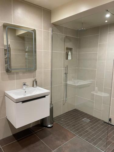 a bathroom with a white sink and a shower at White Lodge B&B in Cooksbridge