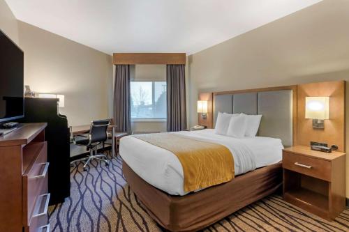 um quarto de hotel com uma cama grande e uma secretária em Comfort Inn & Suites Market - Airport em Great Falls