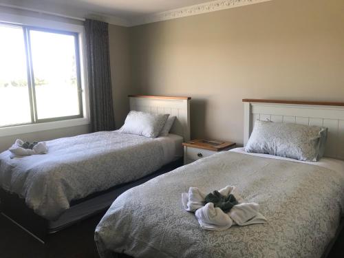 a bedroom with two beds with towels on them at Kepler Oaks Chalet in Te Anau