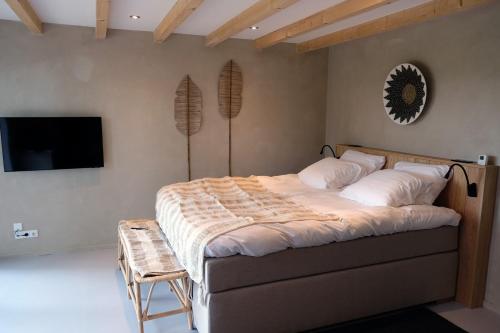 a bedroom with a bed and a tv and a chair at Bed & Wijn - Suite 2 in Staphorst