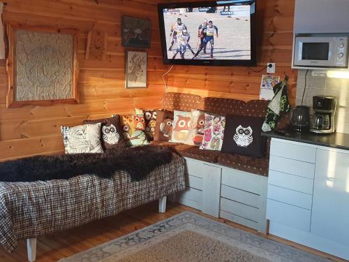 a living room with a couch and a tv on the wall at Holiday Home Pikkupöllö in Kaaresuvanto